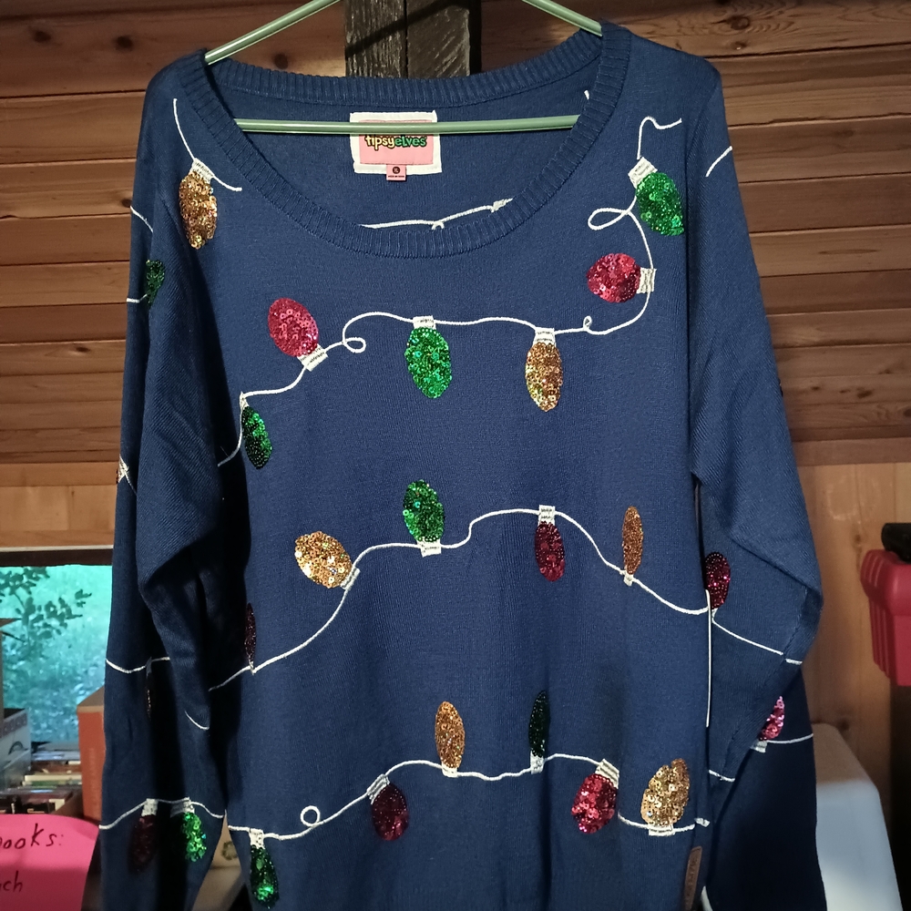 Tipsy Elves Navy Sweater with Sequin Lights